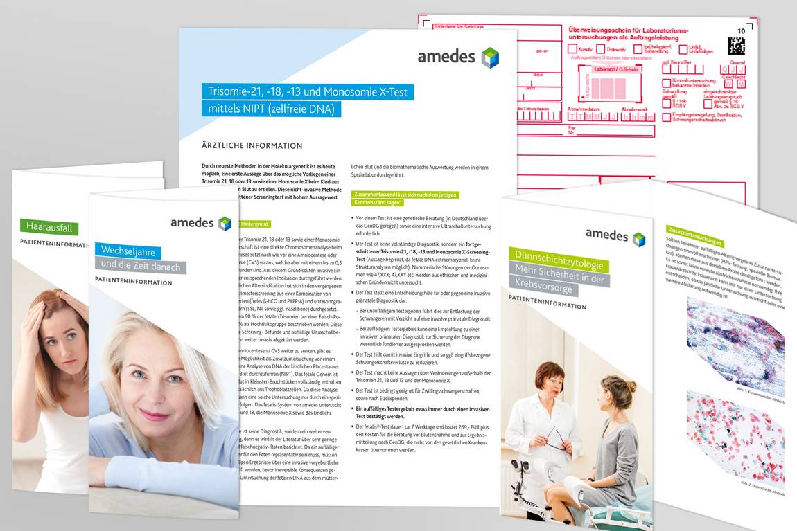 Eine Reihe medizinischer Broschüren und Dokumente von Amedes mit Informationsblättern zu verschiedenen Gesundheitsthemen, Bildern von medizinischen Fachkräften und Patienten sowie Diagnoseformularen mit Text und medizinischen Abbildungen.